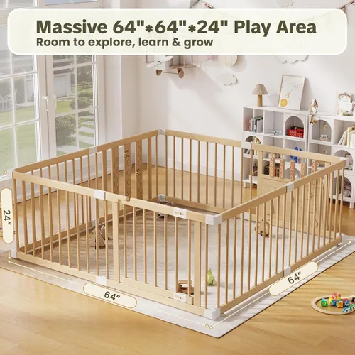 Vista 2 de Parque infantil de madera para bebés con puerta de seguridad, patio grande de 64 "x 64" para bebés Natural Pine Wood Playpen with Built-in Toys