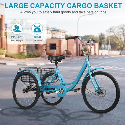 Vista 2 de Triciclo para adultos de 7 velocidades, bicicletas de 3 ruedas de 24 pulgadas, bicicleta de triciclo para adultos con cestas extraíbles, bicicleta