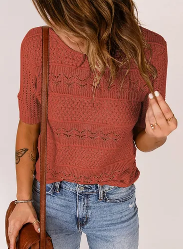 Vista 4 de Dokotoo Suéteres de manga corta para mujer, cuello redondo, suéter de punto ligero