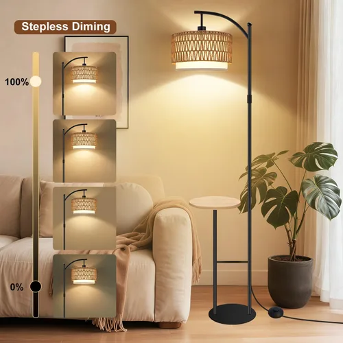 Vista 3 de Lámpara de pie de arco con mesa, lámparas de pie de ratán boho para sala de estar con control remoto regulable 3 temperaturas de color, lámpara