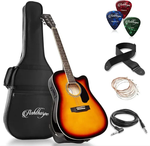 Vista 9 de Ashthorpe - Paquete de guitarra electroacústica estándar con diseño delgado con corte - de madera Tonewood de primera calidad Negro