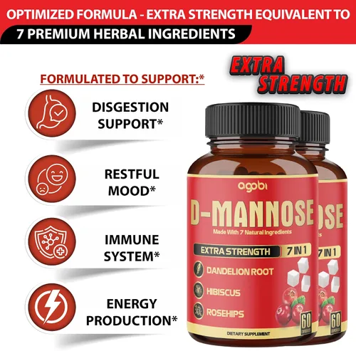 Vista 3 de 2 paquetes de 60 unidades de 4 meses – Cápsulas de D-manosa – Salud natural del tracto urinario y apoyo inmunológico – 7 en 1 con arándano, diente