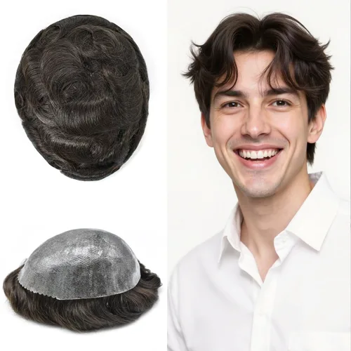 Vista 158 de Toupee for Men Hair Piece Real Human Hair Full Poly Skin Mens Toupee Mens Hair System Injected PU Hair System Invisible Hairpiece for
