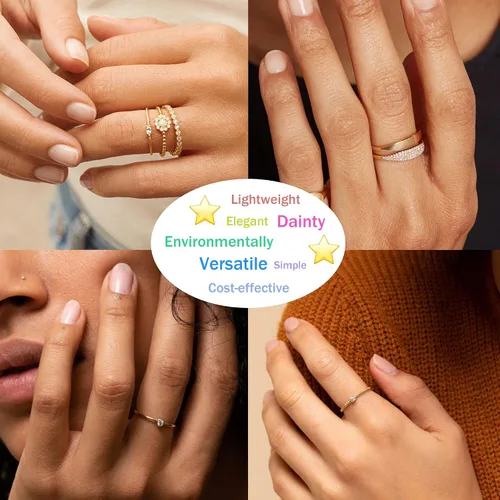 Vista 8 de PLOMFOV Juego de 9 anillos apilables con placa de oro de 14 quilates para mujer, anillos de circonita cúbica de ópalo en V, anillos delgados