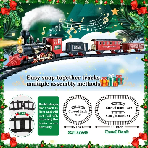 Vista 3 de Juego de Tren BainGesk, Juego de Tren de Navidad con Vapor, Luz y Sonidos, Juguete de Tren Eléctrico para Niños y Niñas, Juego de Tren de Navidad