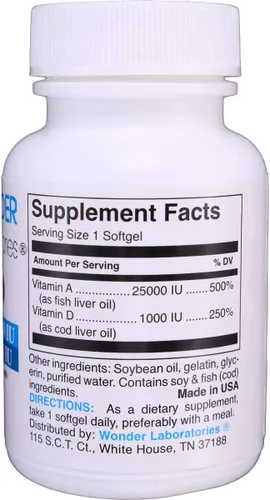 Vista 2 de Wonder Laboratories Vitamina A 25,000 UI de aceite de pescado de hígado de bacalao + vitamina D3 1,000 UI