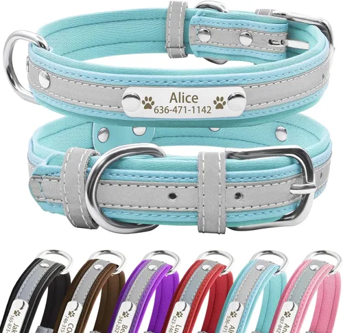 Vista 14 de Collares reflectantes personalizados para perros con acolchado de neopreno, collar de perro grabado personalizado con placa de nombre para perros