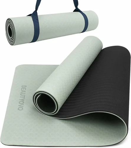 Vista 8 de Tapete de yoga con correa, 1/3 pulgadas extra gruesa, de doble cara, antideslizante, tapetes profesionales de TPE para mujeres y hombres, tapete