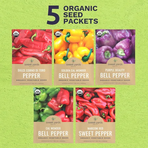 Vista 2 de Paquete variado de semillas de pimiento dulce orgánico, 5 paquetes individuales, temporada 2026, rojo, amarillo, verde y mucho más para plantar