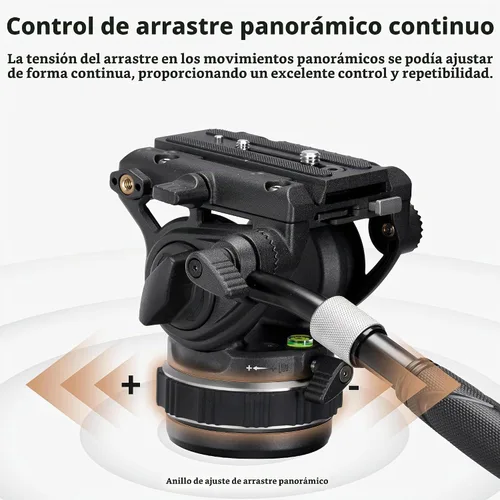 Vista 3 de Cayer Cabezal fluido de video K10 Pro con base plana de 2.953 in, arrastre panorámico ajustable y mango telescópico, cabezal fluido de trípode