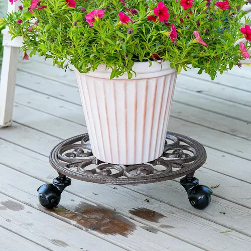 Vista 6 de Sungmor Carrito para Plantas de Hierro Fundido Resistente, Soporte Redondo para Macetas de 11 pulgadas sobre 3 Ruedas Sólidas, Soporte para Macetas