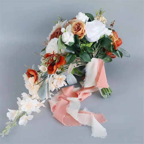 Vista 3 de Ramos de boda para novia, ramo en cascada para novia, boda, flores artificiales, ramo romántico rústico de boda (ramo naranja champán)