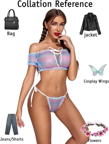 Vista 124 de Avidlove - Conjunto de brasier y braga con volantes, conjunto de lencería tipo babydoll de malla