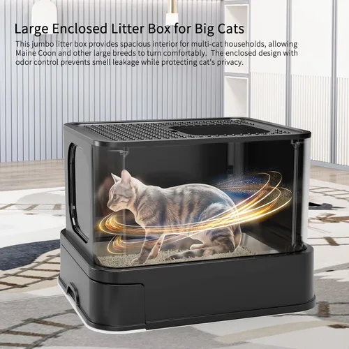 Vista 3 de RIZZARI Caja de Arena Cerrada para Gatos: Diseño Grande de Acero Inoxidable Anti-Fugas Controla el Olor - Todo Negro Sin Desodorizante - para Gatos
