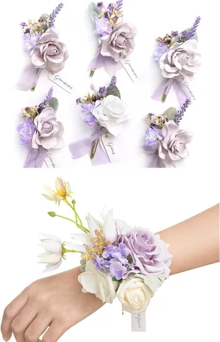 Vista 10 de Ling's Moment Paquetes de flores de boda prearreglados en azul polvoriento y azul marino, paquete de boutonnieres y ramilletes de muñeca