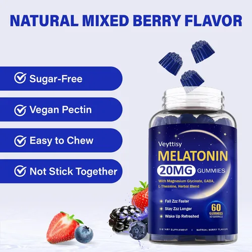 Vista 8 de Gomitas de melatonina de 20 mg para adultos, suplemento gomoso de melatonina de máxima fuerza con glicinato de magnesio, B6, B12, L-teanina, GABA