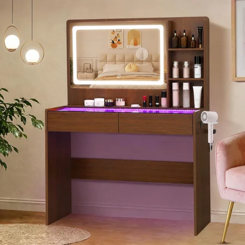 Vista 11 de Escritorio de tocador de maquillaje con espejo y luces, parte superior de Rosa