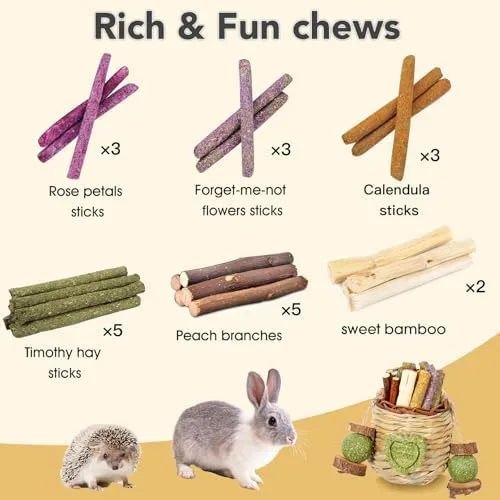 Vista 8 de Jorewood Juguetes masticables para conejos, cesta colgante natural con bambú dulce, heno Timothy, palitos de melocotón para conejos, chinchillas