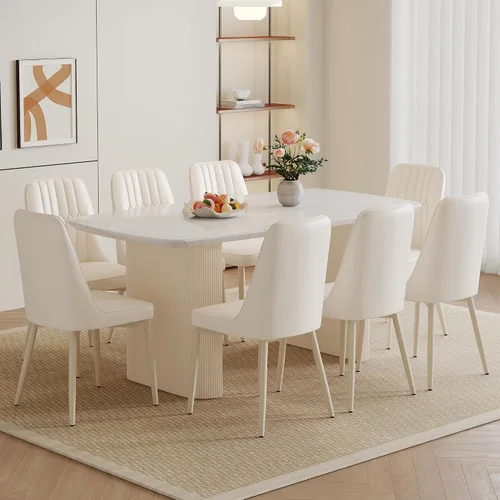Vista 2 de Juego de mesa de comedor blanco Ebullient para 8, mesa de comedor ovalada de mármol de 67' con 8 sillas de metal, tapa de grano de mármol de 3.5