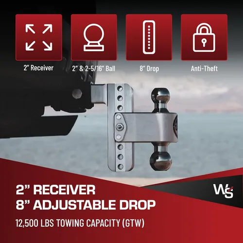 Vista 2 de Weigh Safe Soporte de bola de enganche de remolque ajustable, enganche de caída ajustable de 8 pulgadas para receptor de 2 pulgadas con 4 piezas