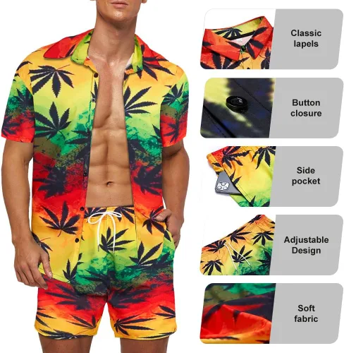 Vista 3 de Camisa hawaiana de 2 piezas para hombre, camisa de manga corta con botones