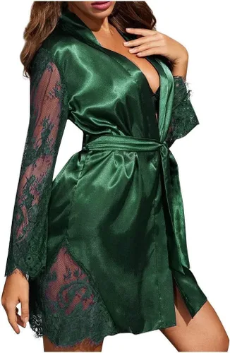 Vista 5 de compulsoryking Pijama sexy para mujer, con ribete de encaje, ropa interior de seda satinada ultrafina, bata de dormir transparente con cinturón