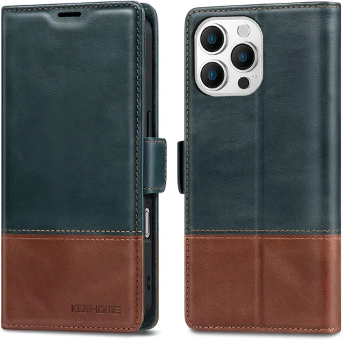 Vista 18 de KEZiHOME Funda de piel auténtica compatible con iPhone 16, con bloqueo RFID, con soporte para tarjetas, función atril magnético, funda protectora