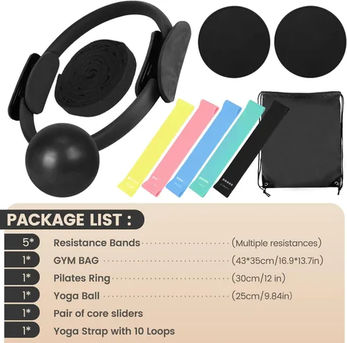 Vista 2 de Kit esencial de pilates para entrenamientos en casa, juego de equipo de pilates negro con pelota de yoga de 9 pulgadas, deslizador de pilates, banda