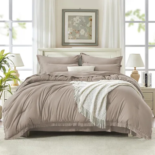 Vista 15 de Andency Juego de ropa de cama con edredón tamaño matrimonial beige con sábanas - 7 piezas, estilo bohemio con borlas, ropa de cama ligera en una 01