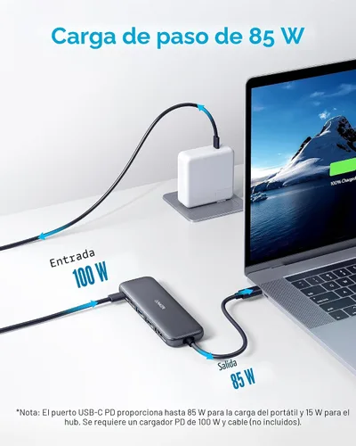 Vista 3 de Anker Hub USB C, divisor USBC a HDMI 5 en 1 con pantalla 4K, 1 puerto USB-C de 5 Gbps alimentado y 2 puertos de datos USB-A 3.0 de 5 Gbps