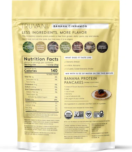 Vista 9 de Truvani Proteína en polvo de guisante vegana Banana Canela 20g de proteína vegetal orgánica 20 porciones Keto Sin gluten ni lácteos Bajo