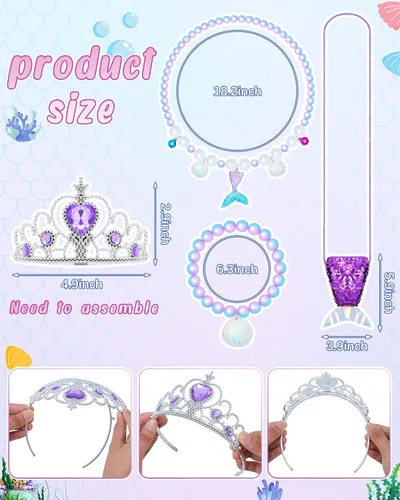 Vista 3 de Suhine 6 piezas de traje de sirena para niñas, camiseta de sirena, pantalones, diadema, pulsera, collar, bolsa para Halloween, fiesta de cosplay