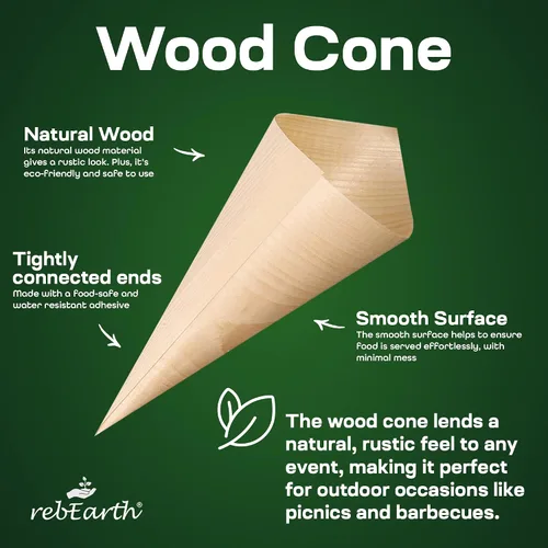 Vista 3 de rebEarth Conos de madera desechables – Conos resistentes al calor para charcutería, aperitivos y aperitivos – Conos de madera de pino