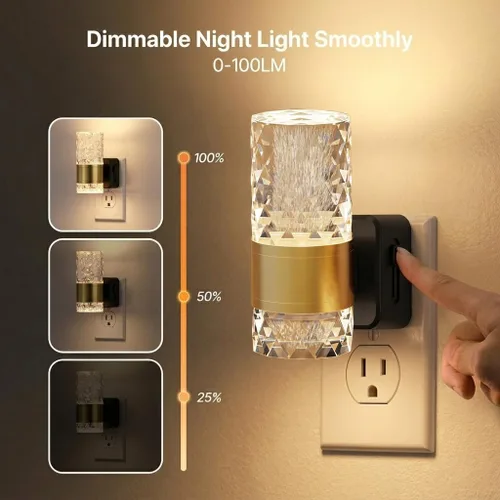 Vista 2 de Luces LED de noche de acrílico regulables, sensor de atardecer a amanecer, paquete de 2 Brillo ajustable de 0-100 lúmenes. Ambiente de oro cálido