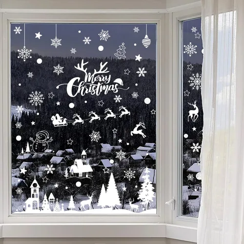 Vista 8 de 148 piezas de calcomanías adheribles navideñas con diseño de copo de nieve para ventana, decoraciones navideñas para ventana