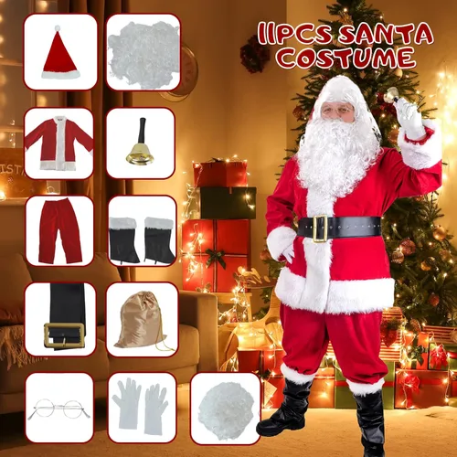 Vista 4 de Disfraz de Papá Noel para hombre 11 piezas disfraz de Papá Noel traje de terciopelo de lujo traje de fiesta para adultos