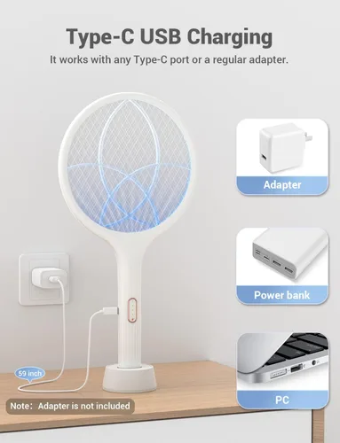 Vista 7 de YISSVIC Matamoscas eléctrico de 4000 V, raqueta matamoscas de insectos de doble modo con luz de mosquitos morada recargable para interiores, hogar
