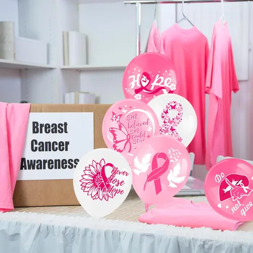 Vista 4 de HOWAF Globos decorativos de concientización sobre el cáncer de mama, globos de látex Hope Strength Courage para recuerdos de fiesta de cinta rosa