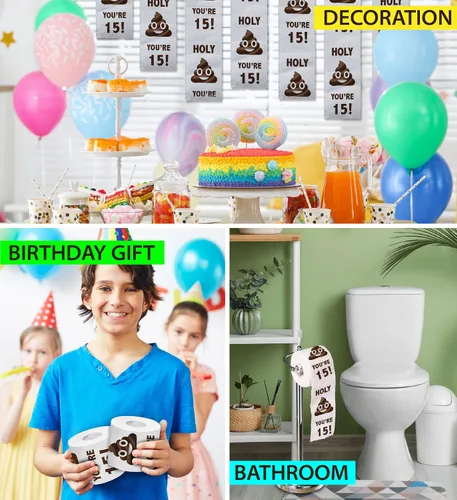 Vista 5 de Papel higiénico impreso TP Holy Poop You're 15 - Papel higiénico impreso con texto en inglés «Happy 15th Birthday» para la mejor broma, sorpresa
