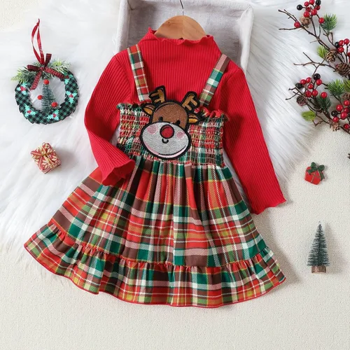 Vista 4 de Vestido de Navidad para niñas pequeñas, con base roja, lazo grande, a cuadros, ropa de bebé