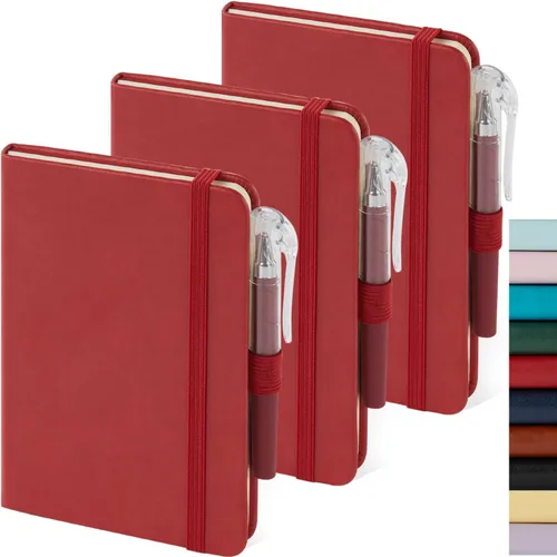 Vista 15 de Paquete de 3 cuadernos rayados con bolígrafo, cuadernos A5 (5.7 x 8.4 pulgadas) de tapa dura de cuero para mujeres y hombres, trabajo, 160 páginas