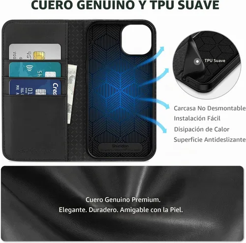Vista 3 de SHIELDON Funda para iPhone 13, de piel auténtica, con función atril, bloqueo RFID, tarjetero de crédito, a prueba de golpes, protección completa