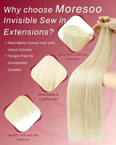 Vista 16 de Moresoo Extensiones de cabello humano real para coser, color negro natural