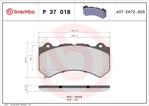 Vista 4 de Brembo P37018 Juego de pastillas de freno de disco delantero de acero de aleación Low-Met CADILLAC/CHEVROLET/DODGE/JEEP/NISSAN OE# 00K68144427AB