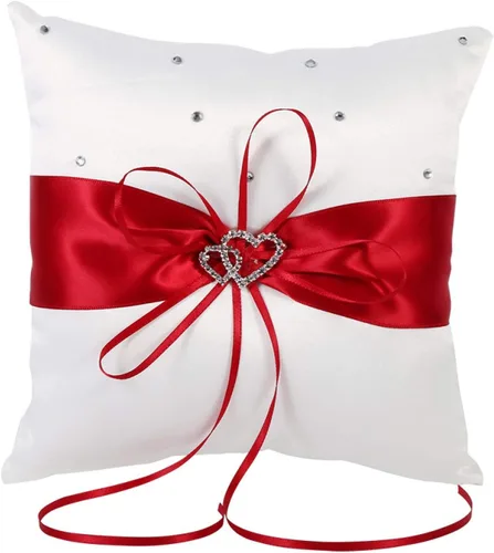 Vista 8 de Tyenaza Almohada portadora de anillo, almohada de anillo de boda de 7.8 pulgadas, soporte para anillo azul real, cojín de doble corazón