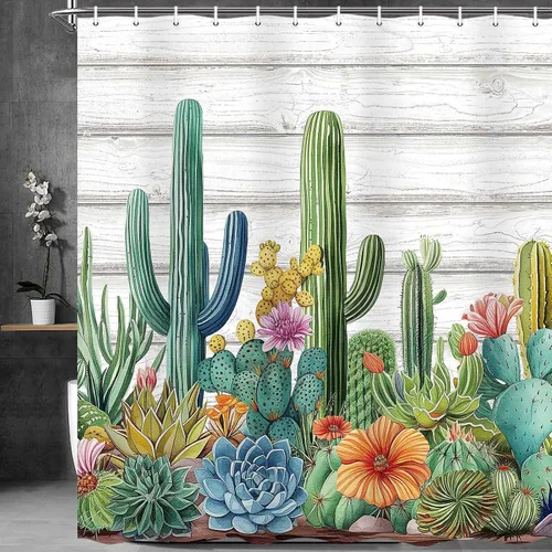 Vista 10 de Cortina de ducha de cactus, plantas tropicales, hojas verdes, suculentas, cactus rosas, rústico, gris, decoración de puerta de granero de madera