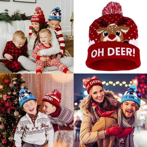 Vista 6 de OurWarm Gorro de Navidad con luces LED, unisex, de punto, para fiestas de Navidad