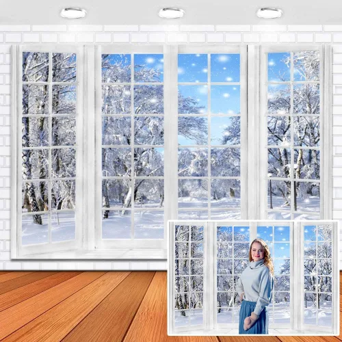 Vista 9 de Leowefowa Fondo de vinilo de 5 x 3 pies para fotografía de ventana de invierno, pino, bosque de nieve, copo de nieve de Navidad, fondo de ventana