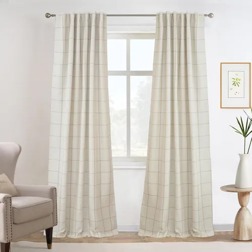 Vista 24 de DriftAway 2 paneles cortinas de lino a cuadros 100% opacas de doble capa cortinas para dormitorio de 96 pulgadas de largo estilo granja con Gris