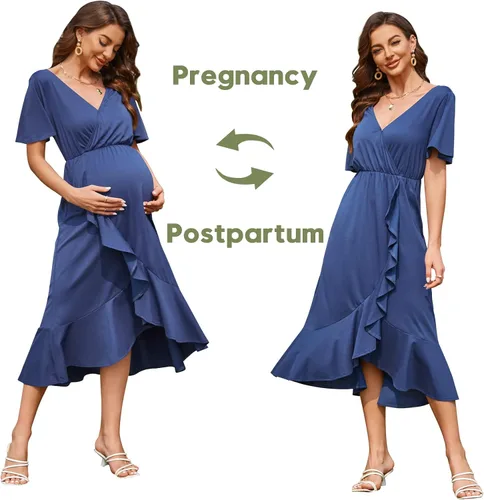 Vista 3 de LAISHEN Vestido de maternidad para sesión de fotos, manga corta, cuello en V, volantes, casual, baby shower, boda, invitada, ropa de embarazo